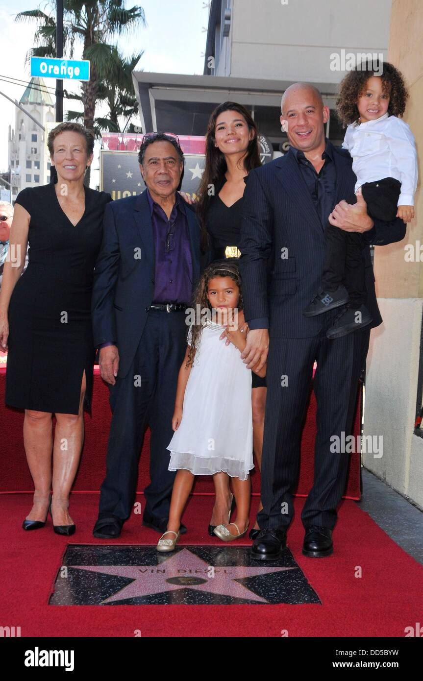 Los Angeles, CA. 26th Aug, 2013. Delora Vincent, Irving Vincent, Paloma Jimenez, Hania Vincent, Vin Diesel at the induction ceremony for Star on the Hollywood Walk of Fame for Vin Diesel, Hollywood Boulevard, Los Angeles, CA August 26, 2013. Credit:  Michael Germana/Everett Collection/Alamy Live News Stock Photo