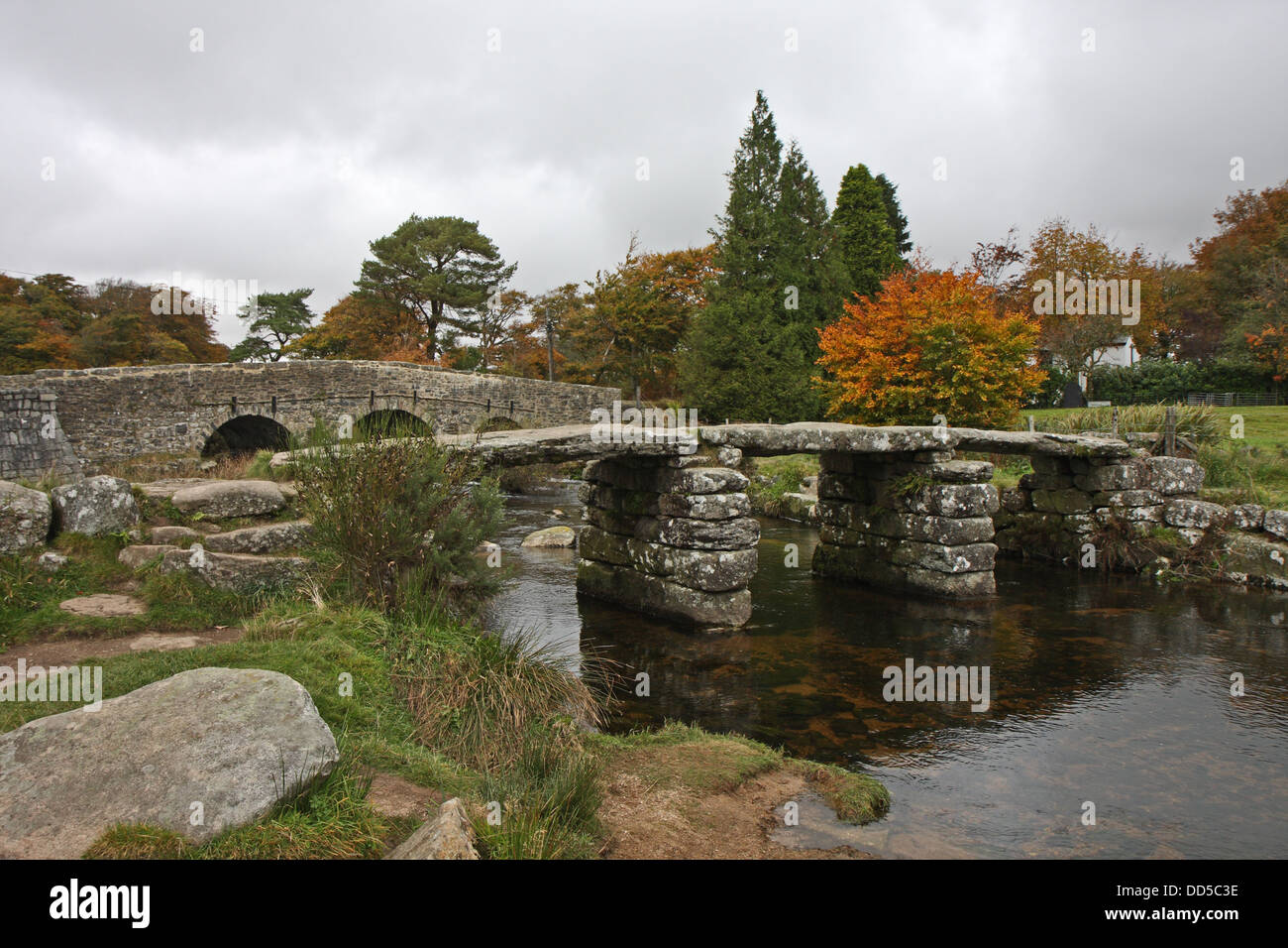 Postbridge, showing old clapper bridge, Dartmoor, Devon, UK Stock Photo ...