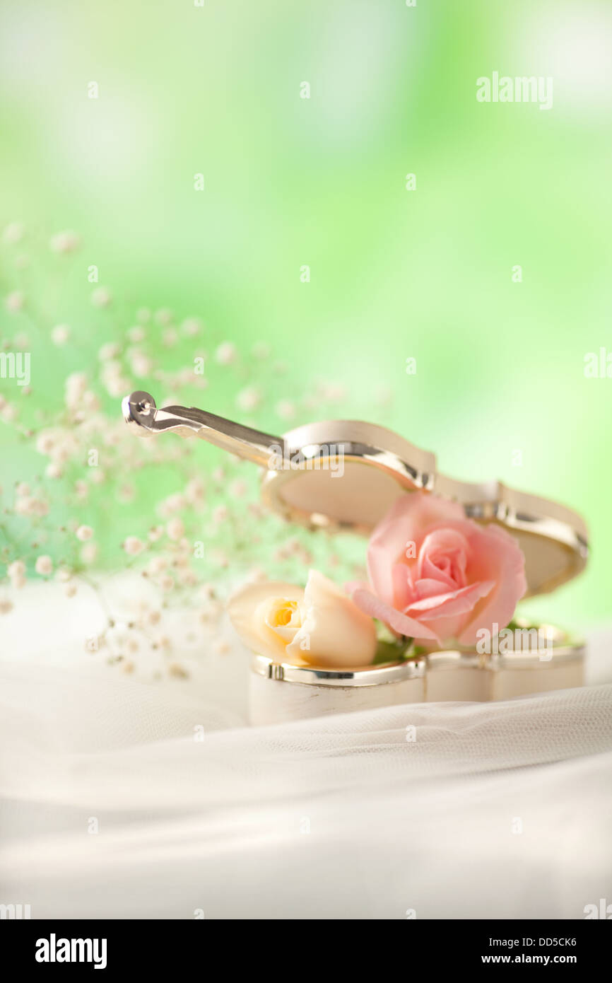 Miniature violin accessory and roses Stock Photo