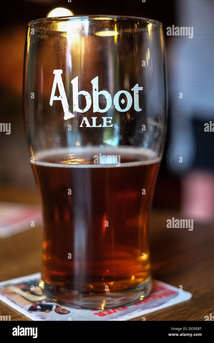 A pint glass of Abbot Ale. Stock Photo