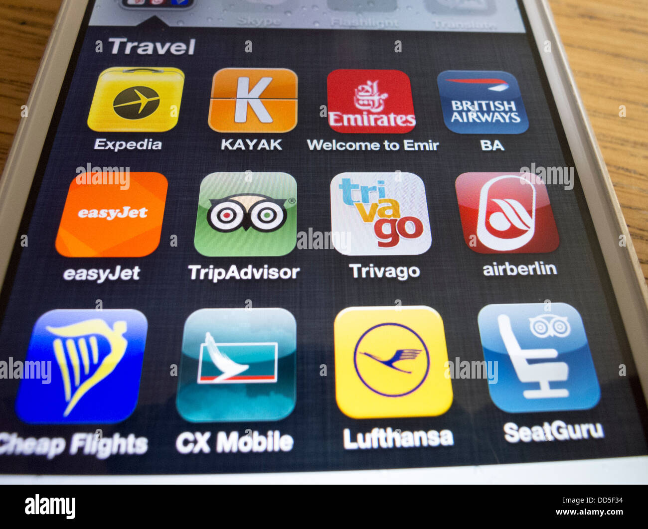 detail of many travel apps on a iPhone 5 smart phone Stock Photo