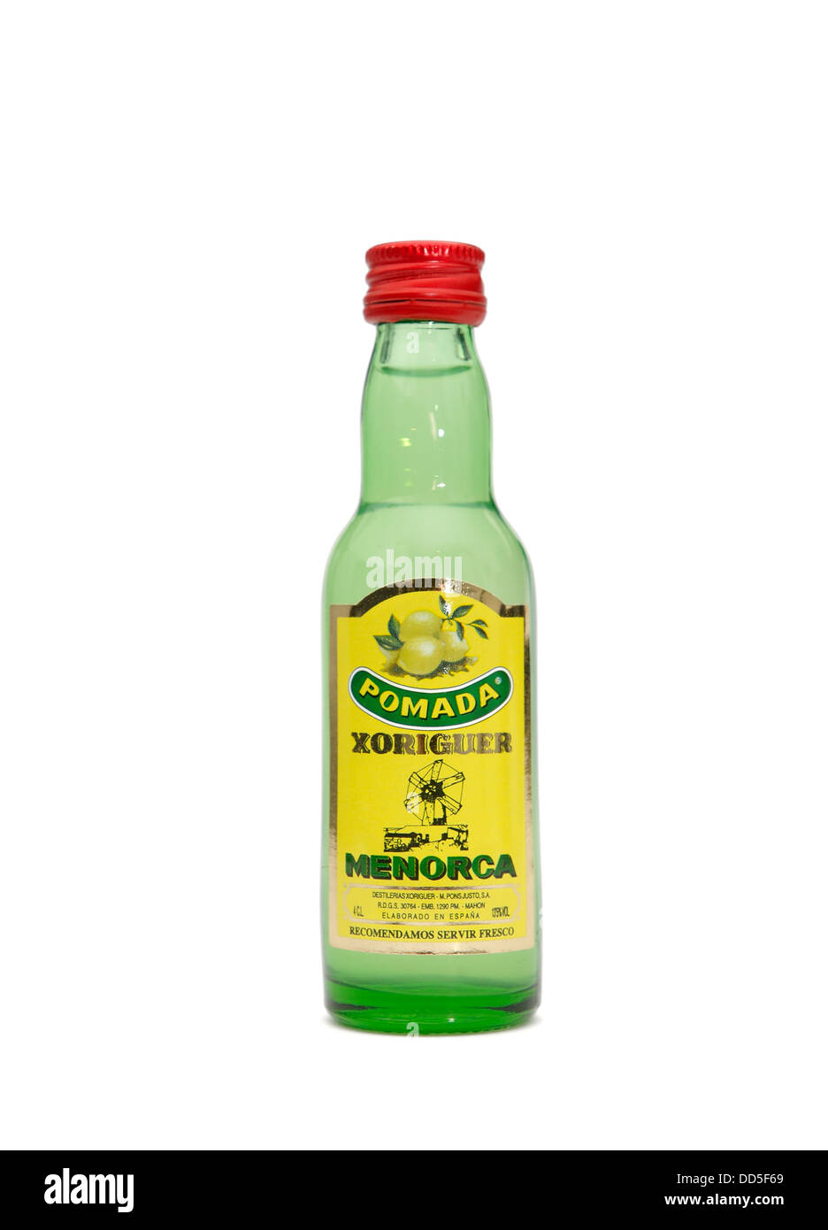 A small bottle of lemon pomada souvenir of Xoriguer Menorca spain Stock Photo