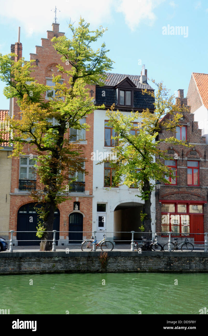 Pretty canal-side scene, Bruges, Belgium Stock Photo