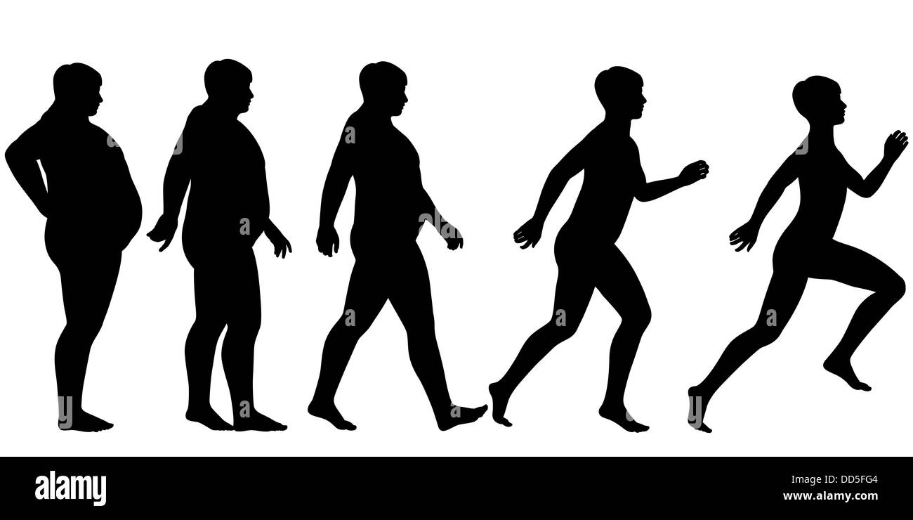 Illustrated silhouette sequence of a man losing weight and gaining fitness through exercise Stock Photo