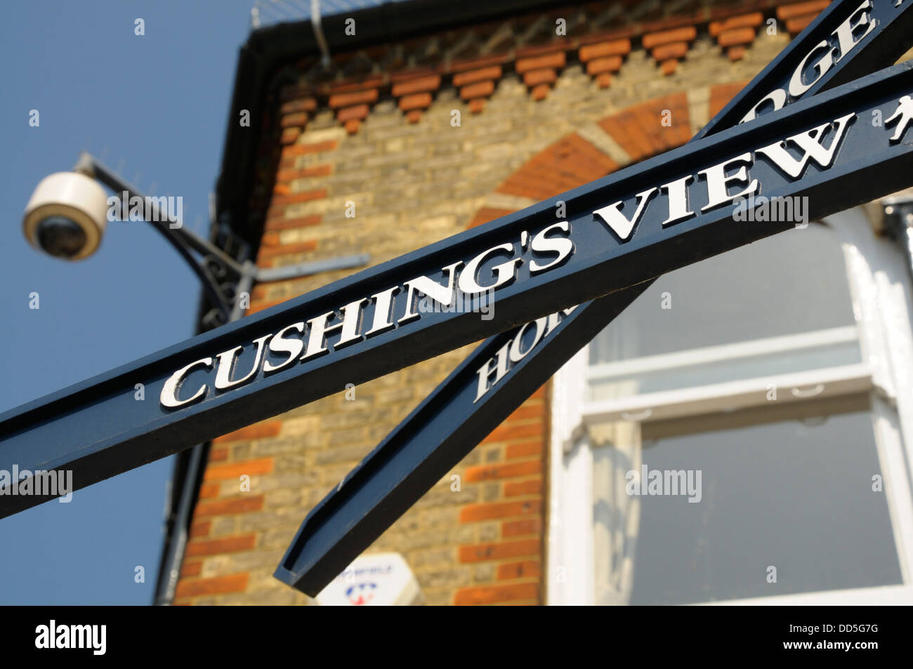 Whitstable, Kent, England, UK. Signpost to 'Cushing's View', named after local resident Peter Cushing Stock Photo