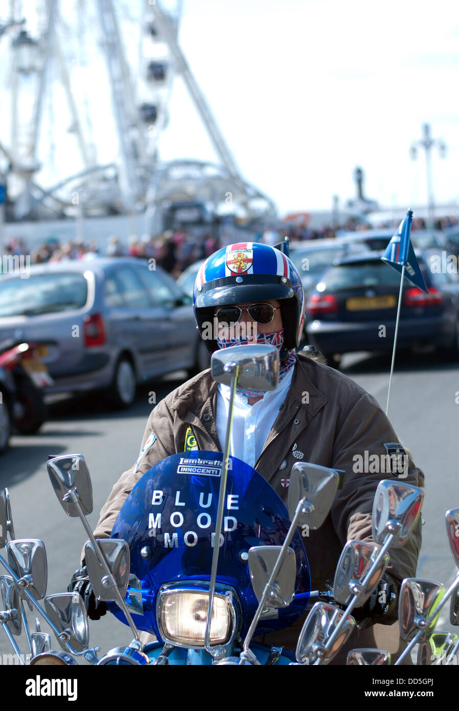 A Mod arriving at Brighton seafront. Stock Photo