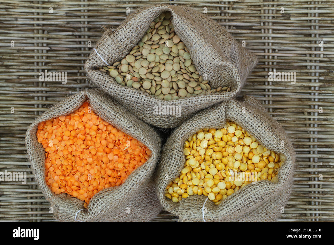 Selection of pulses in jute bags Stock Photo Alamy