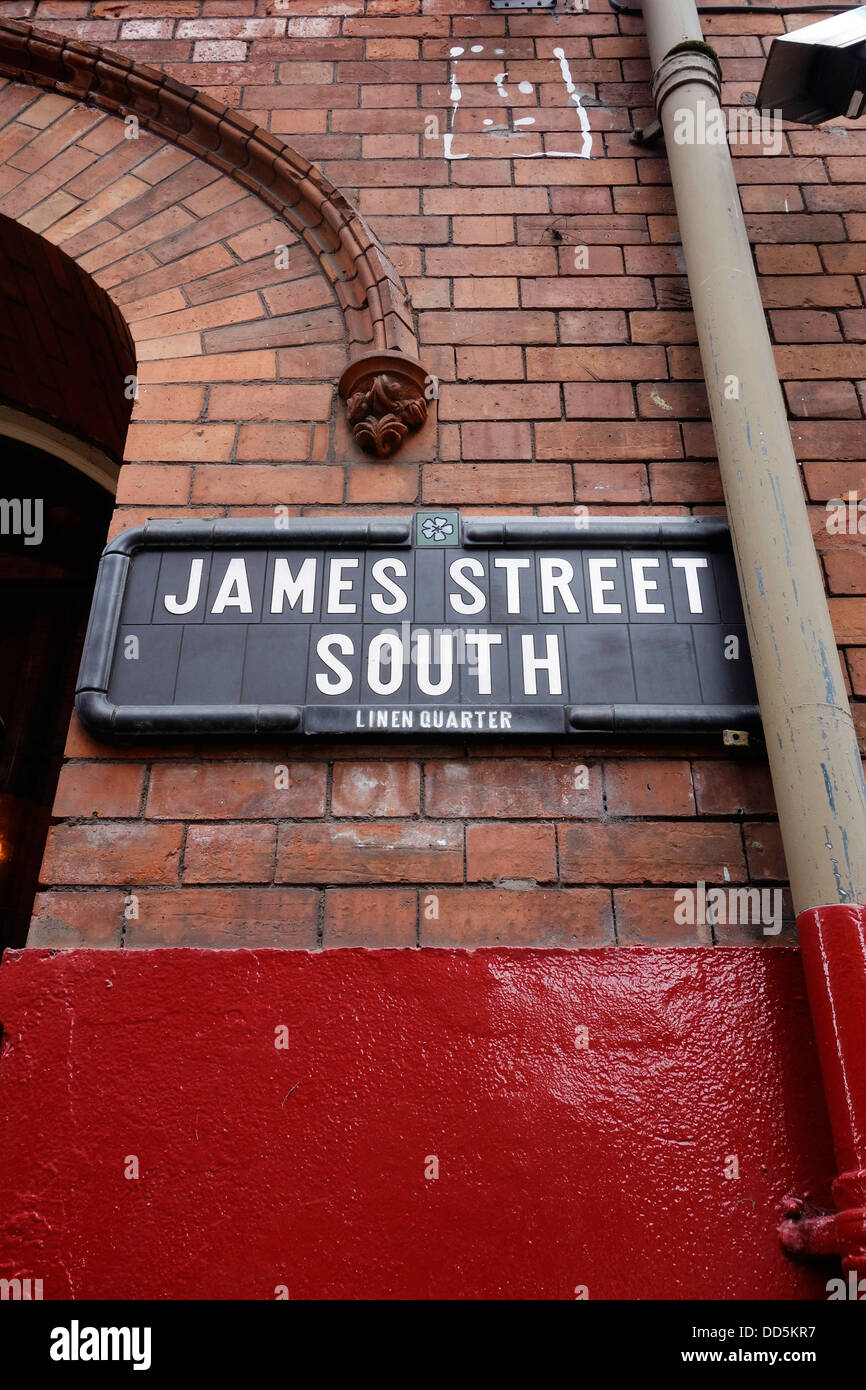 James Street South street sign, Belfast, Northern Ireland. James Street South hosts a well known restaurant of the same name. Stock Photo