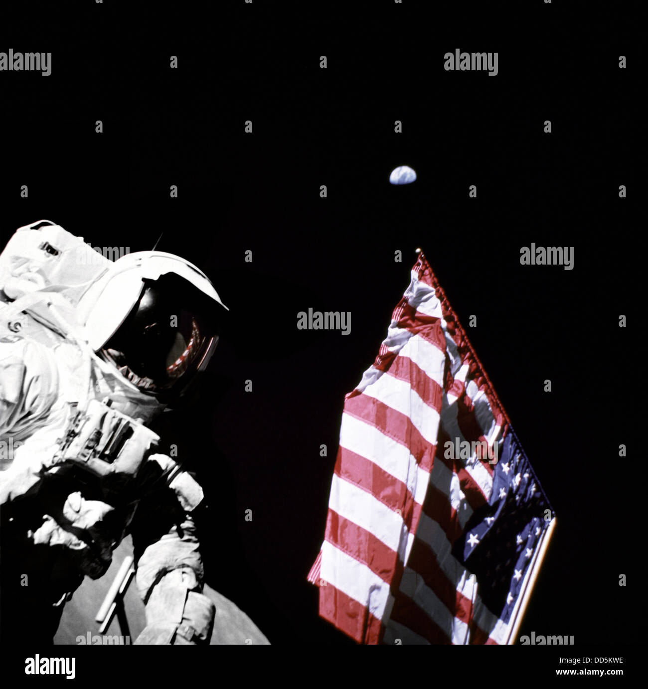 Astronaut with American Flag, Man on the Moon- Credit/NASA Stock Photo