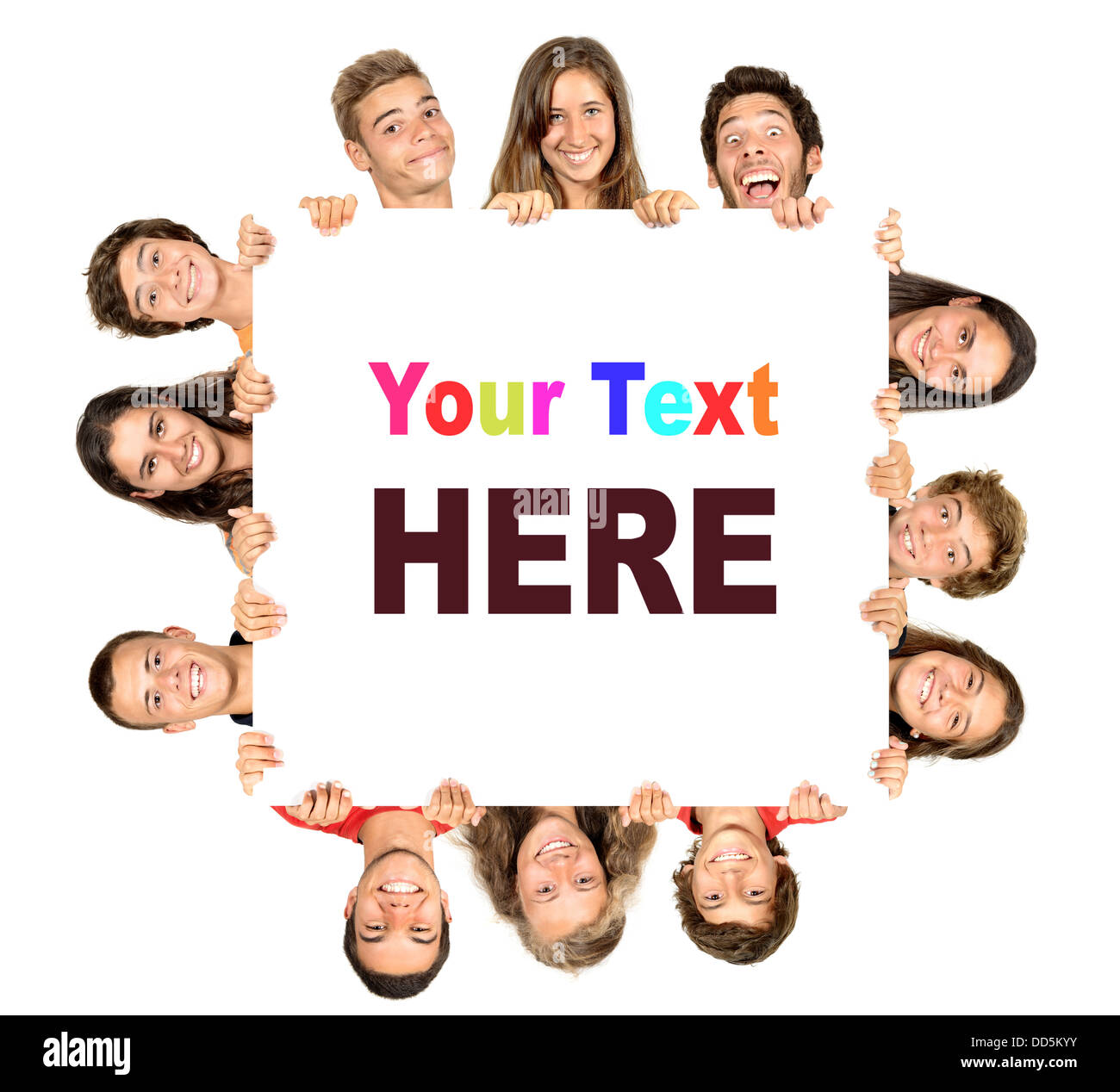 Group of teenagers with a white board isolated in white Stock Photo - Alamy
