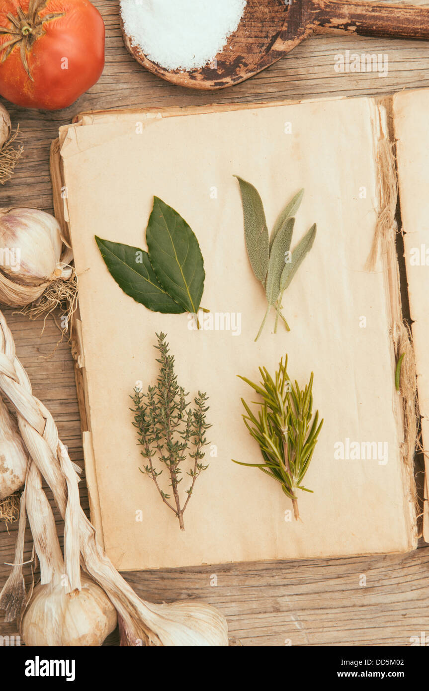 Herbs on vintage cook book Stock Photo Alamy