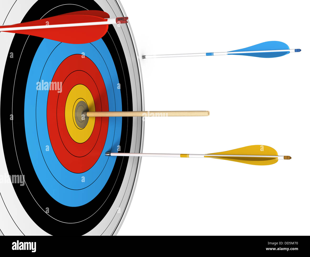 Conceptual image of an outsider, with one basic wooden arrow hitting the center of a target. Stock Photo