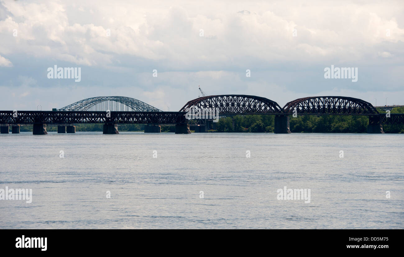 Mercier bridge over St. Lawrence River seen from La Chine Canal in Rene Levesque Park, Montreal, Canada. Stock Photo