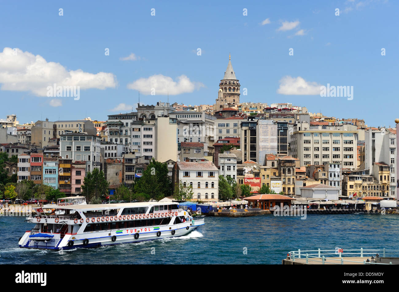 The Galata Tower and backstreets of Beyoglu from Galata Bridge, Istanbul, Turkey Stock Photo
