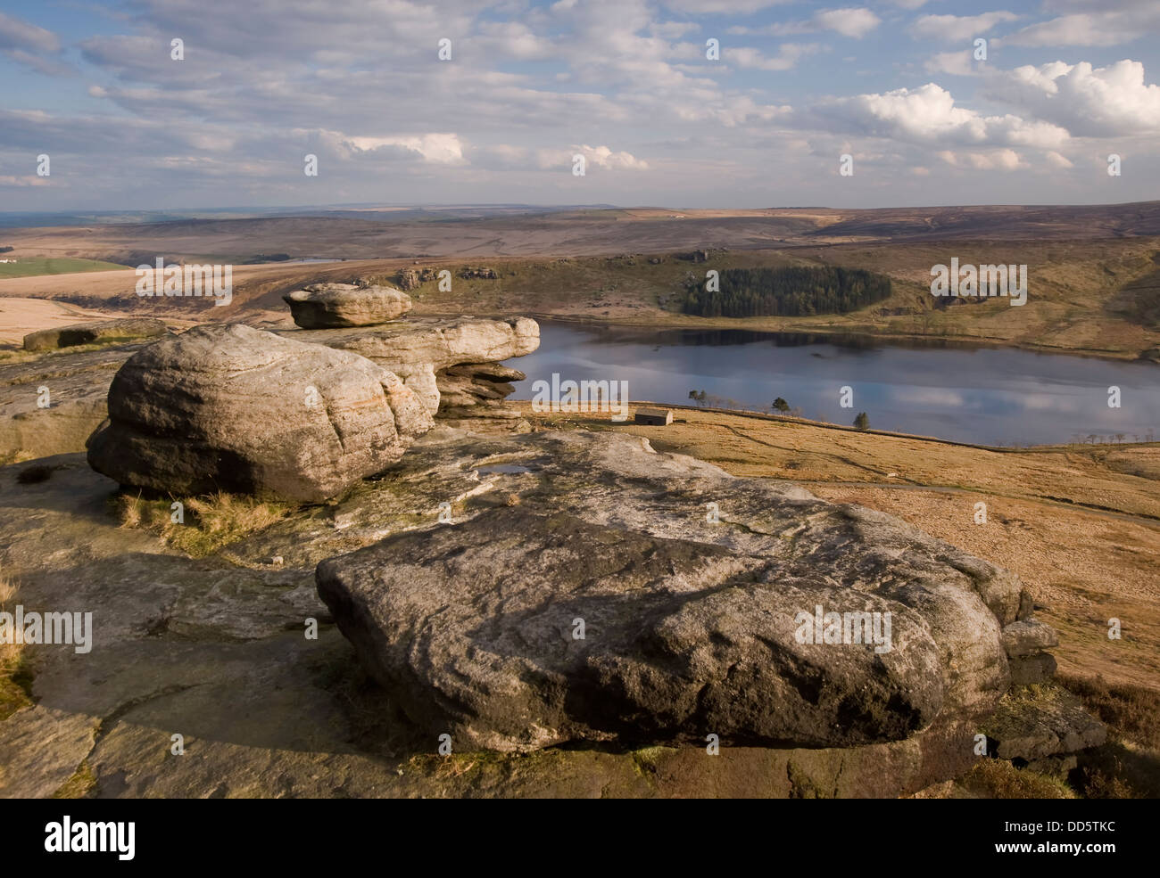 wind eroded and shaped boulders on moorland in yorkshire Stock Photo