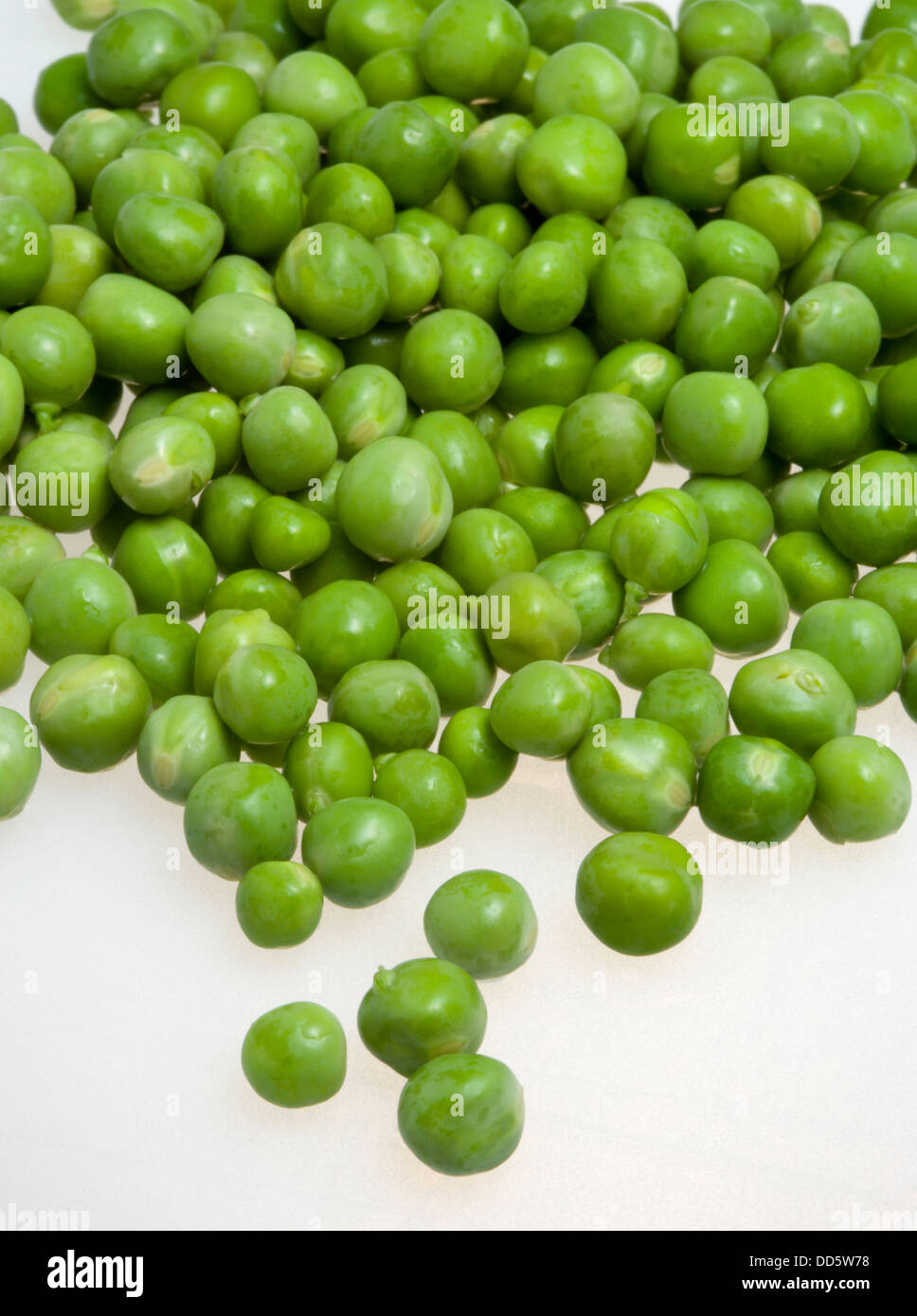 Food, Vegetables, Peas, Fresh ripe green English garden peas Pisum sativum on a white background. Stock Photo