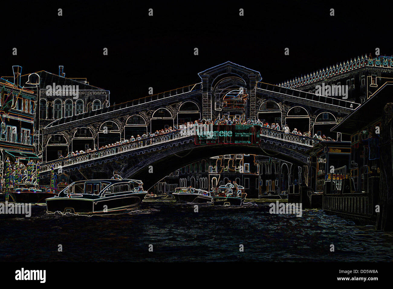 A surreal coloured etching like image of the Rialto Bridge in Venice. Stock Photo