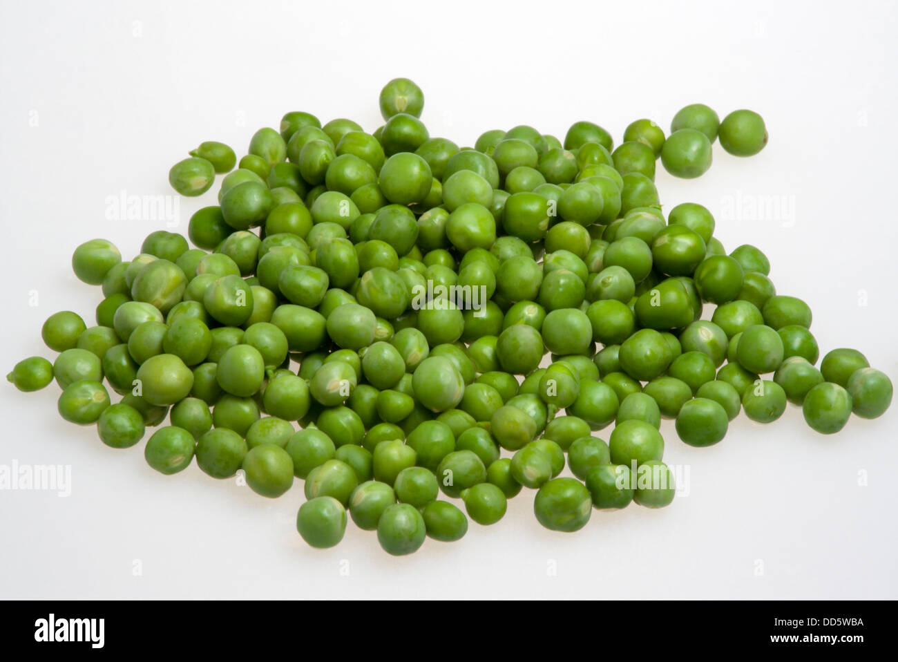 Food, Vegetables, Peas, Fresh ripe green English garden peas Pisum sativum on a white background. Stock Photo