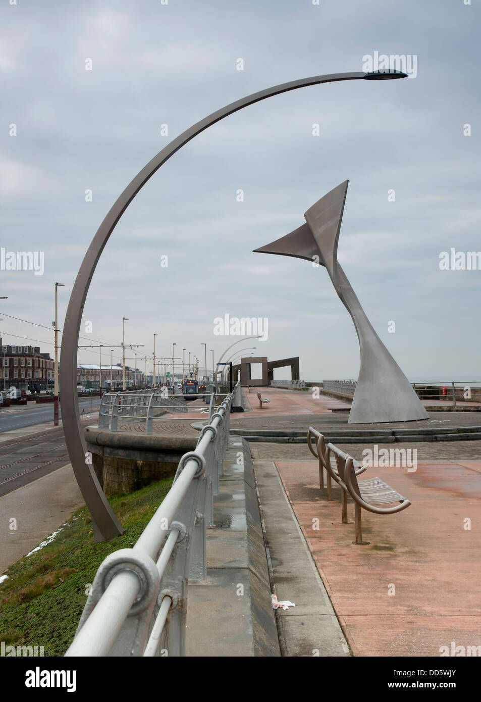 Curved art deco style stainless steel sculptures on the promenade of blackpools south shore Stock Photo