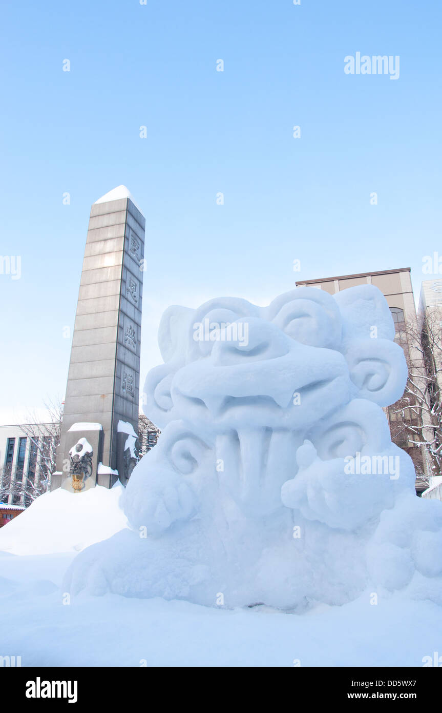 Sapporo, Japan - February 9 2013 : Snow sculpture of a shisa at Sapporo Snow Festival Stock Photo