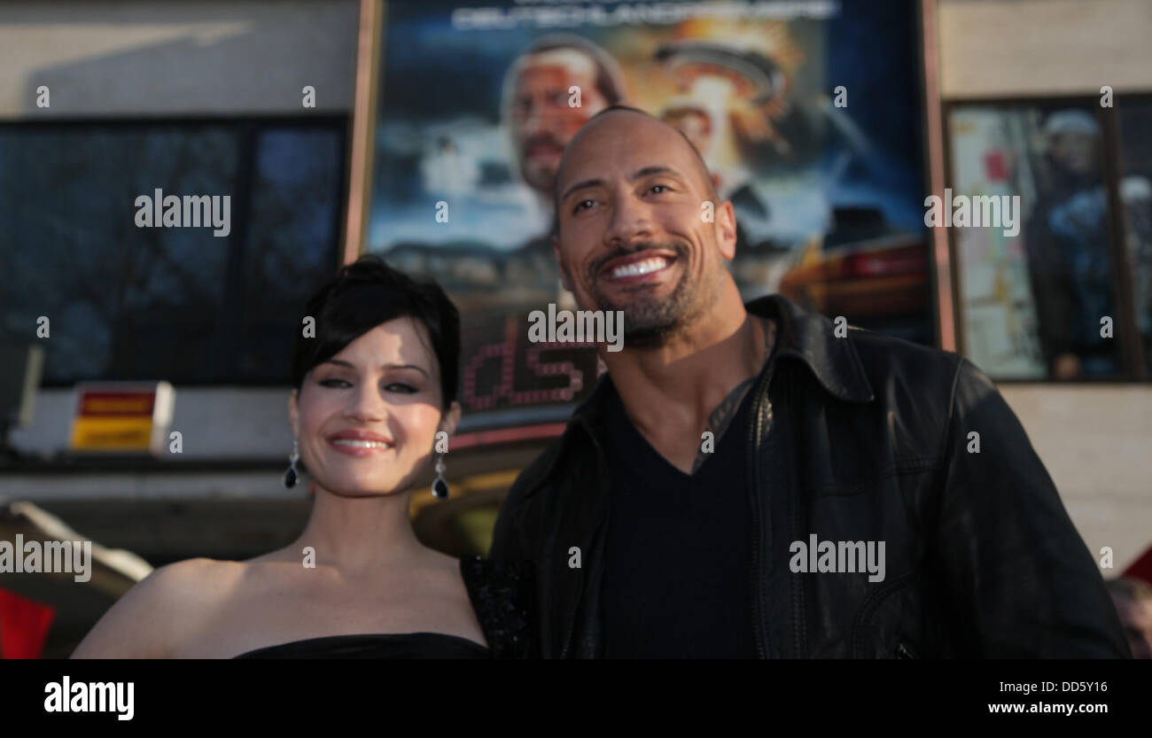 Dwayne Johnson and Carla Gugino at the premiere of the US film of 'Race to Witch Mountain' in Berlin on the 31st of March in 2009. Stock Photo