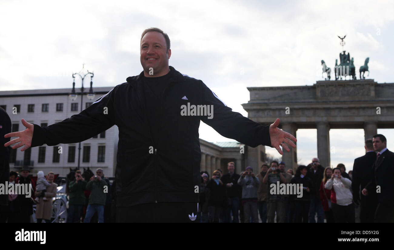 US actor Kevin James in front of Brandenburg Gate. He is on promotion tour for his new film 'Paul Blart: Mall Cop'. Stock Photo