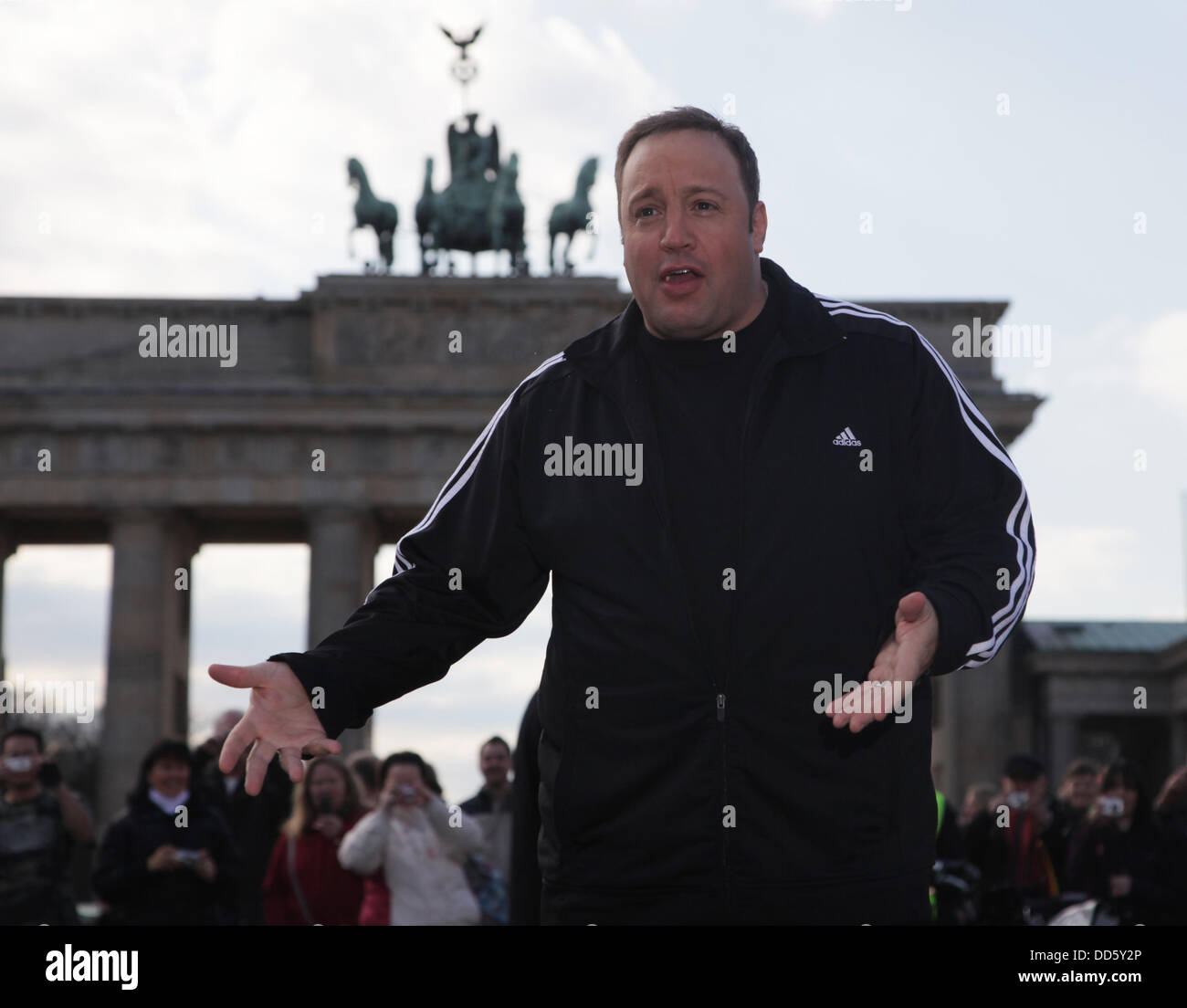 US actor Kevin James in front of Brandenburg Gate. He is on promotion tour for his new film 'Paul Blart: Mall Cop'. Stock Photo