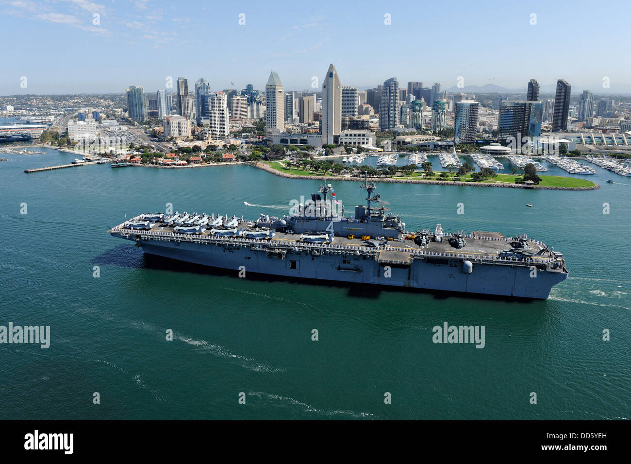 Aerial view of the US Navy amphibious assault ship USS Boxer as it departs for deployment August 24, 2013 in San Diego, CA. Stock Photo