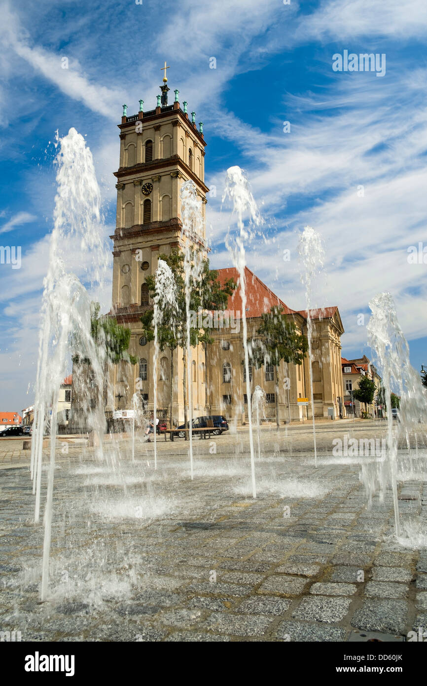 Fountain in front of Stadtkirche Neustrelitz, Mecklenburg-Western Pomerania, Germany Stock Photo