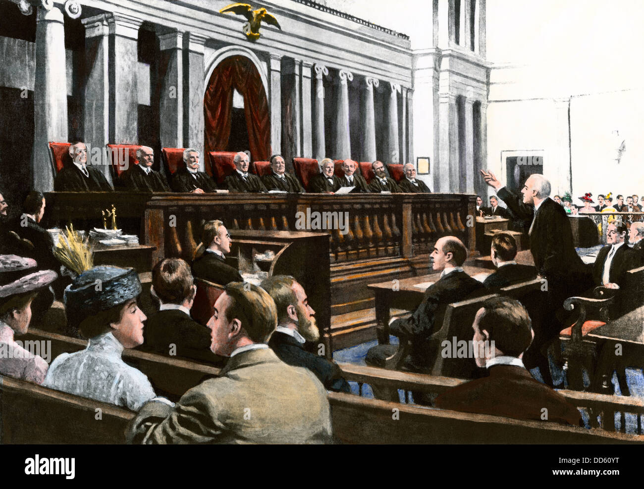 An argument before the US Supreme Court, Chief Justice White presiding, 1910. Hand-colored halftone reproduction of an illustration Stock Photo