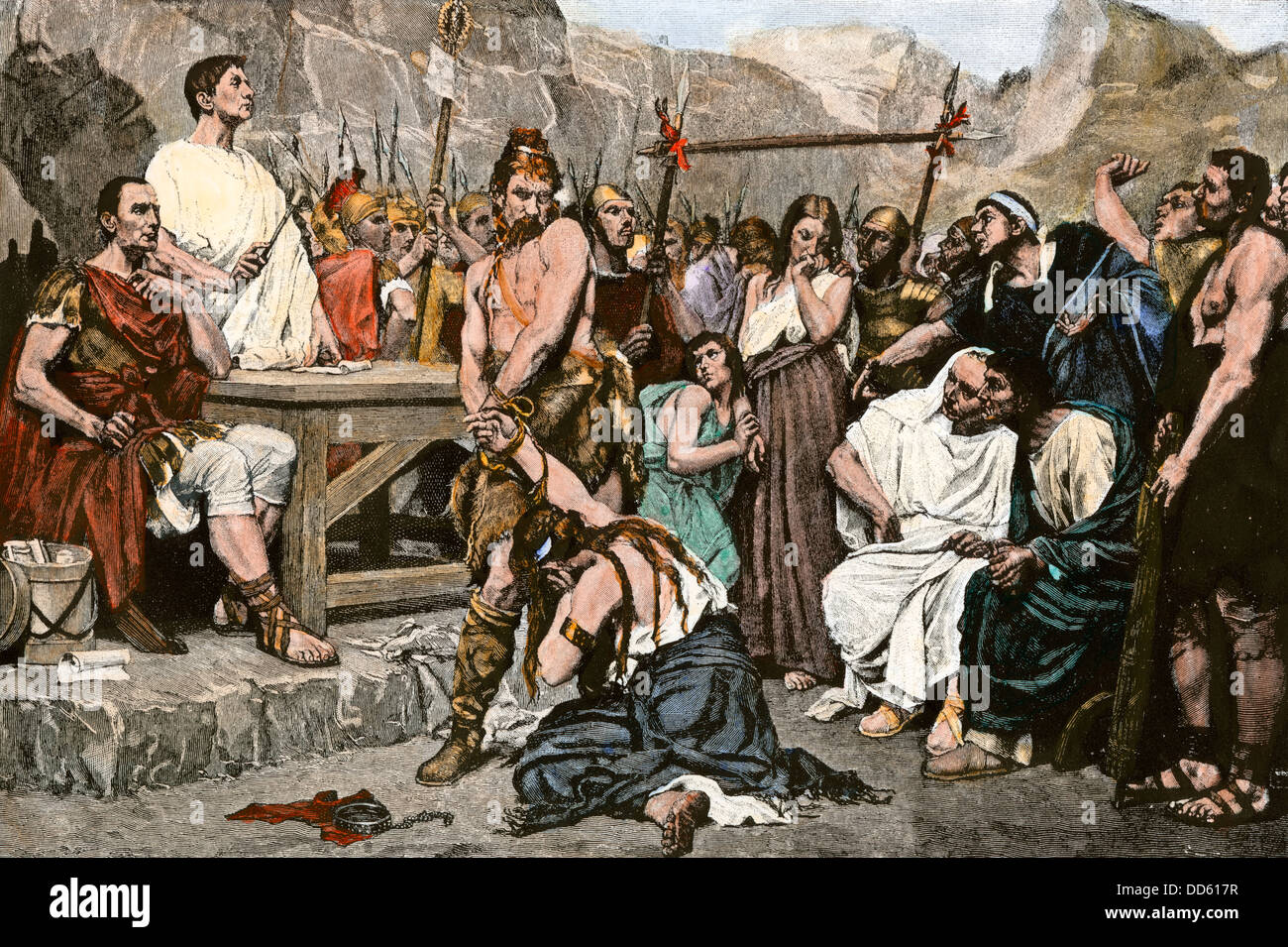 Iberians driven under the yoke and sold as Roman slaves. Hand-colored woodcut Stock Photo