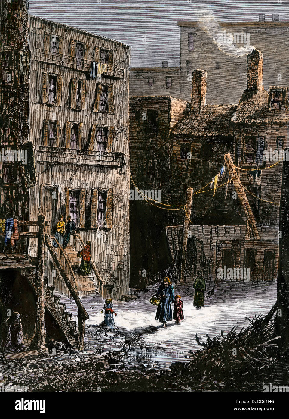 Immigrant tenements in Donovan Lane near Five-Points, New York City, 1870s. Hand-colored woodcut Stock Photo