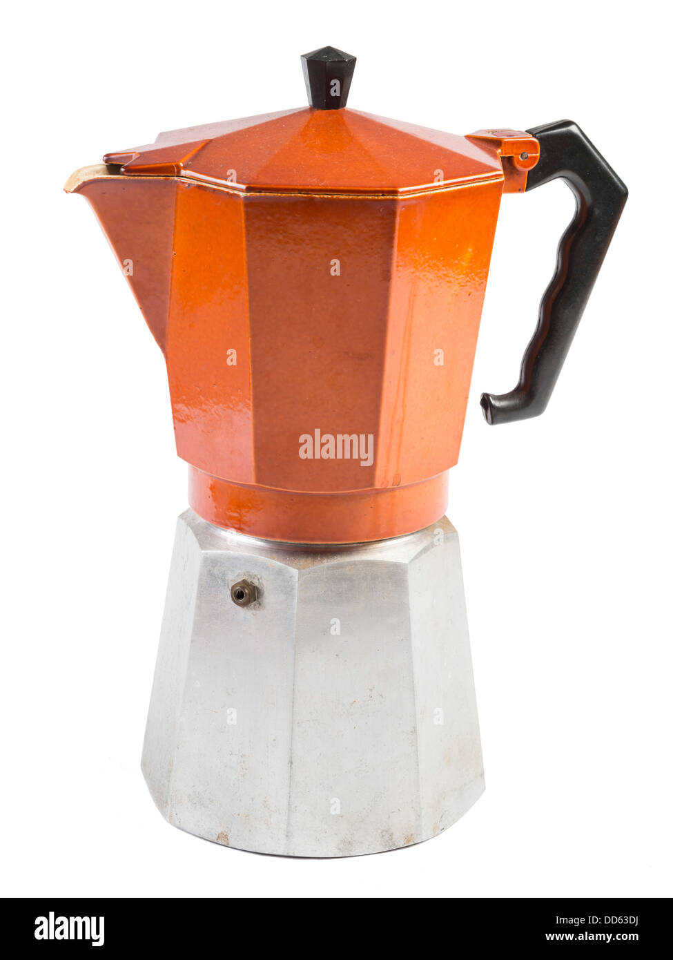 Orange moka pot coffee maker isolated on white background Stock Photo