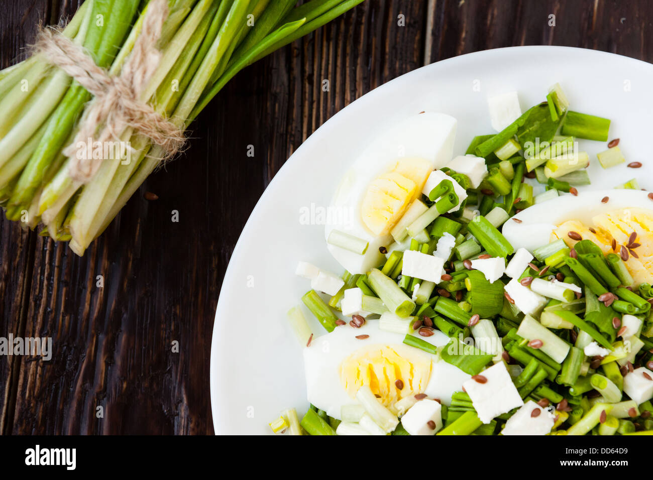 salad with egg and wild garlic, Ramson, food close up Stock Photo