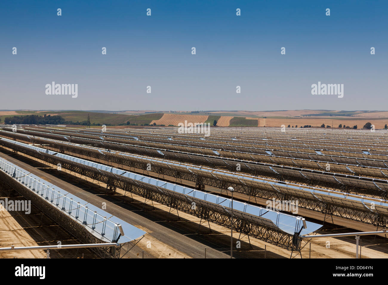 Solucar solar thermal complex near Seville Spain includes the PS10 & PS20 solar thermal power and Solnova solar power stations. Stock Photo