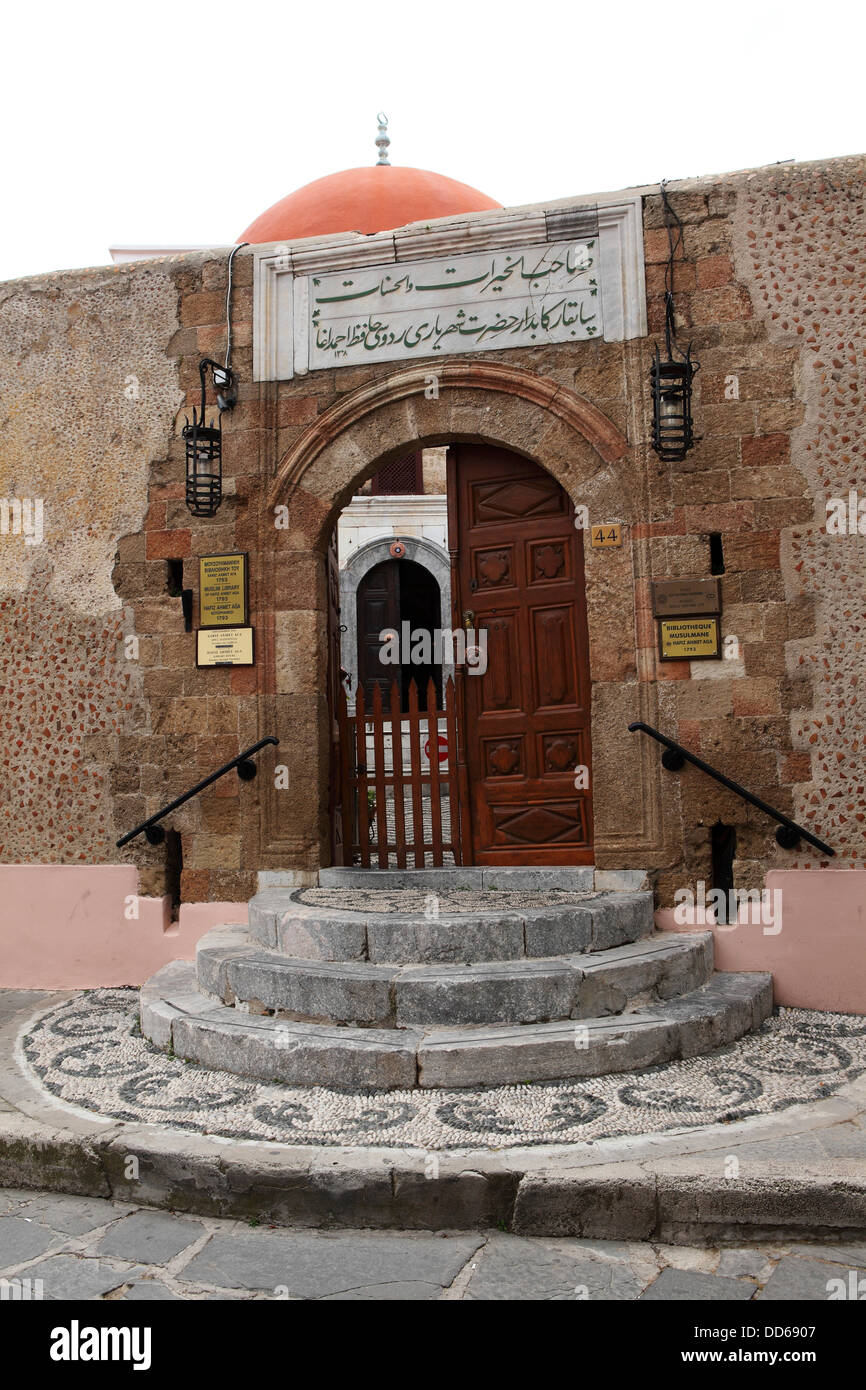 Entrance to the Muslim Library of Hafiz Ahmet Aga in Rhodes City, Rhodes, Greece. Stock Photo