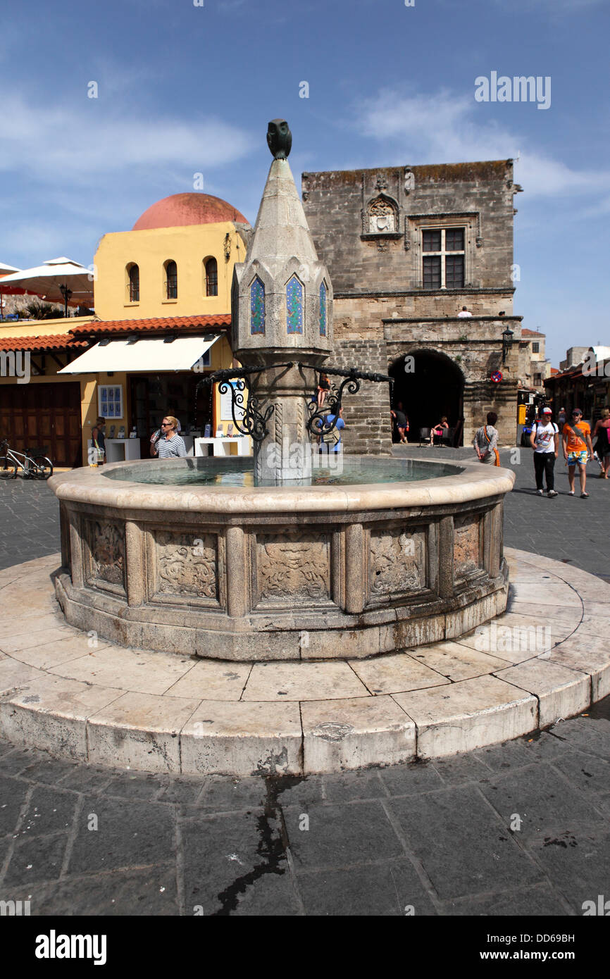 The Castellania Fountain on the Ipokratous Square in Rhodes City, Rhodes, Greece. Stock Photo