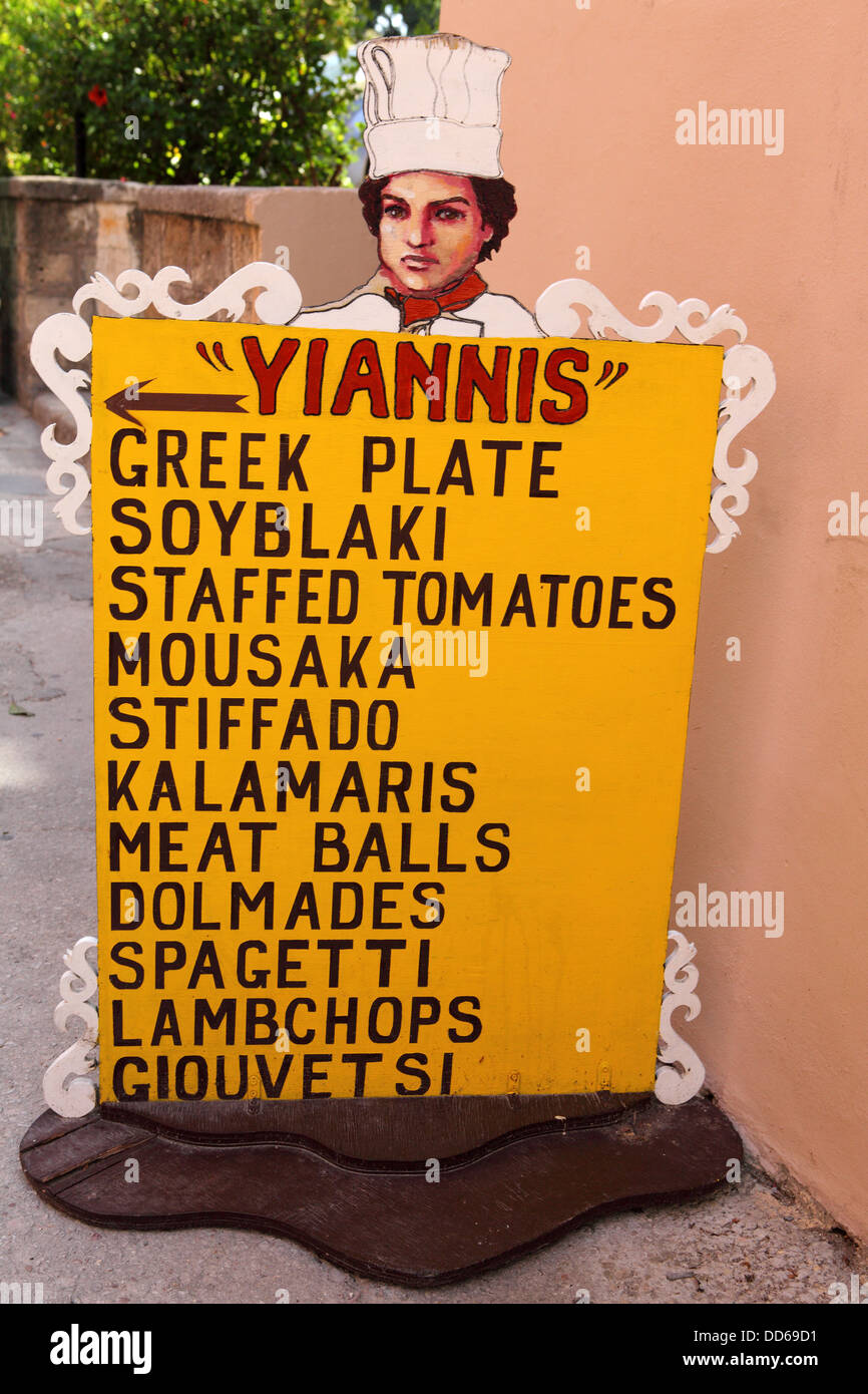 A menu board outside of a Greek restaurant in Rhodes City, Rhodes