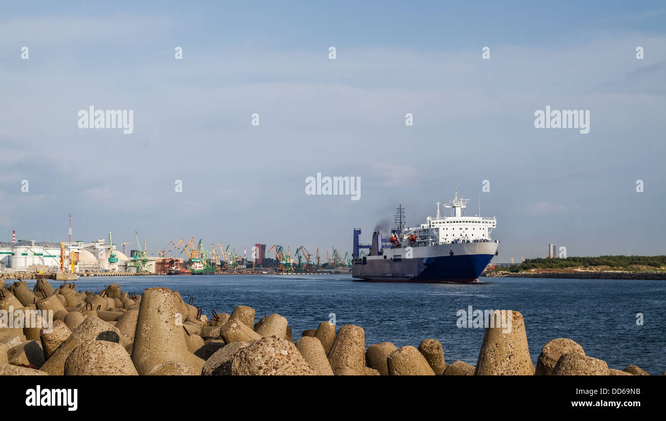 sunny summer evening sea ferry leaves the port of Klaipeda, Lithuania Stock Photo