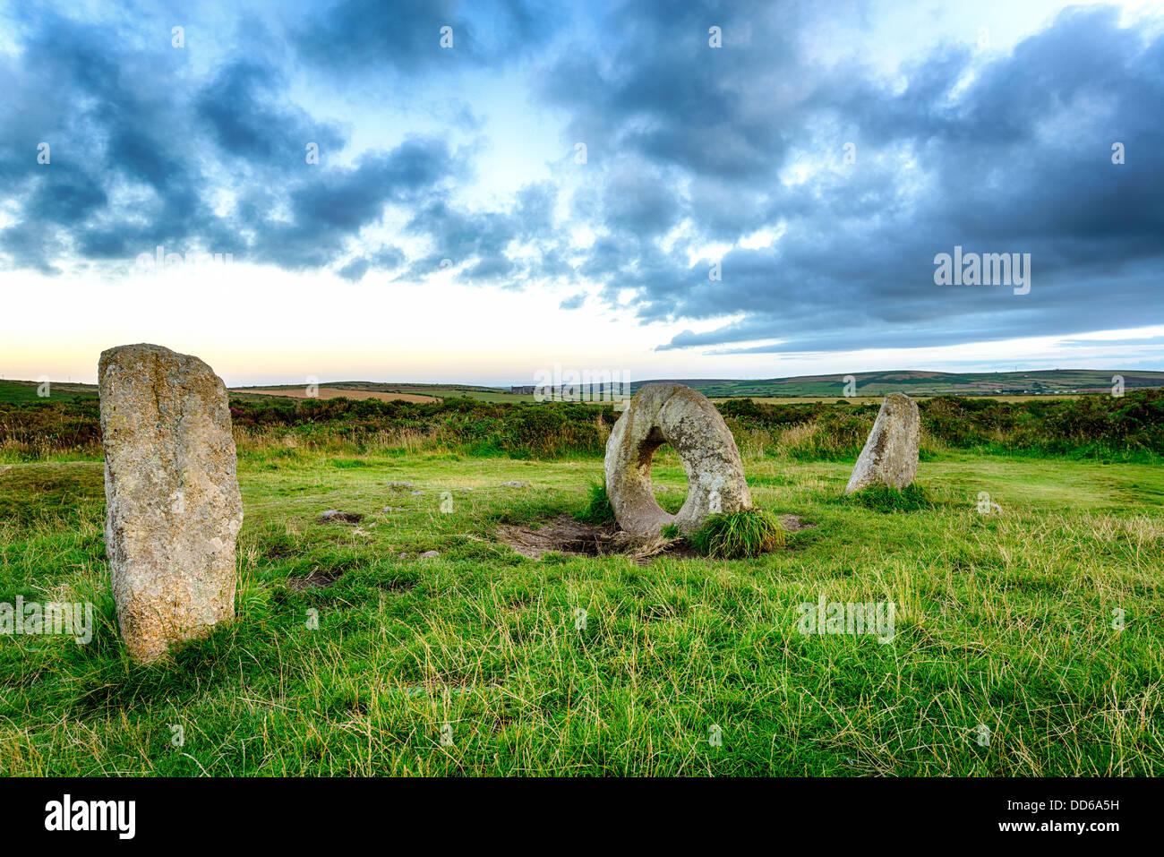 The Men-an-Tol standing stones Near Penzance in Cornwal. Stock Photo