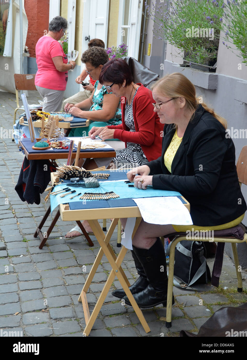 Ladies lacemaking, Bruges, Belgium Stock Photo