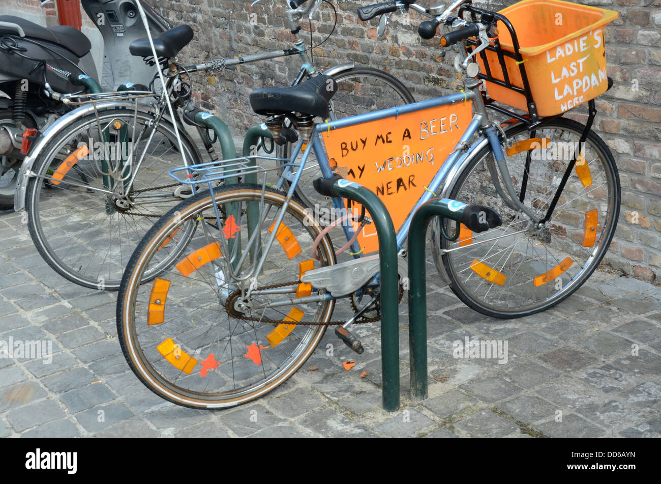 Bicycle advertising venue for stag and hen nights, Bruges, Belgium Stock Photo