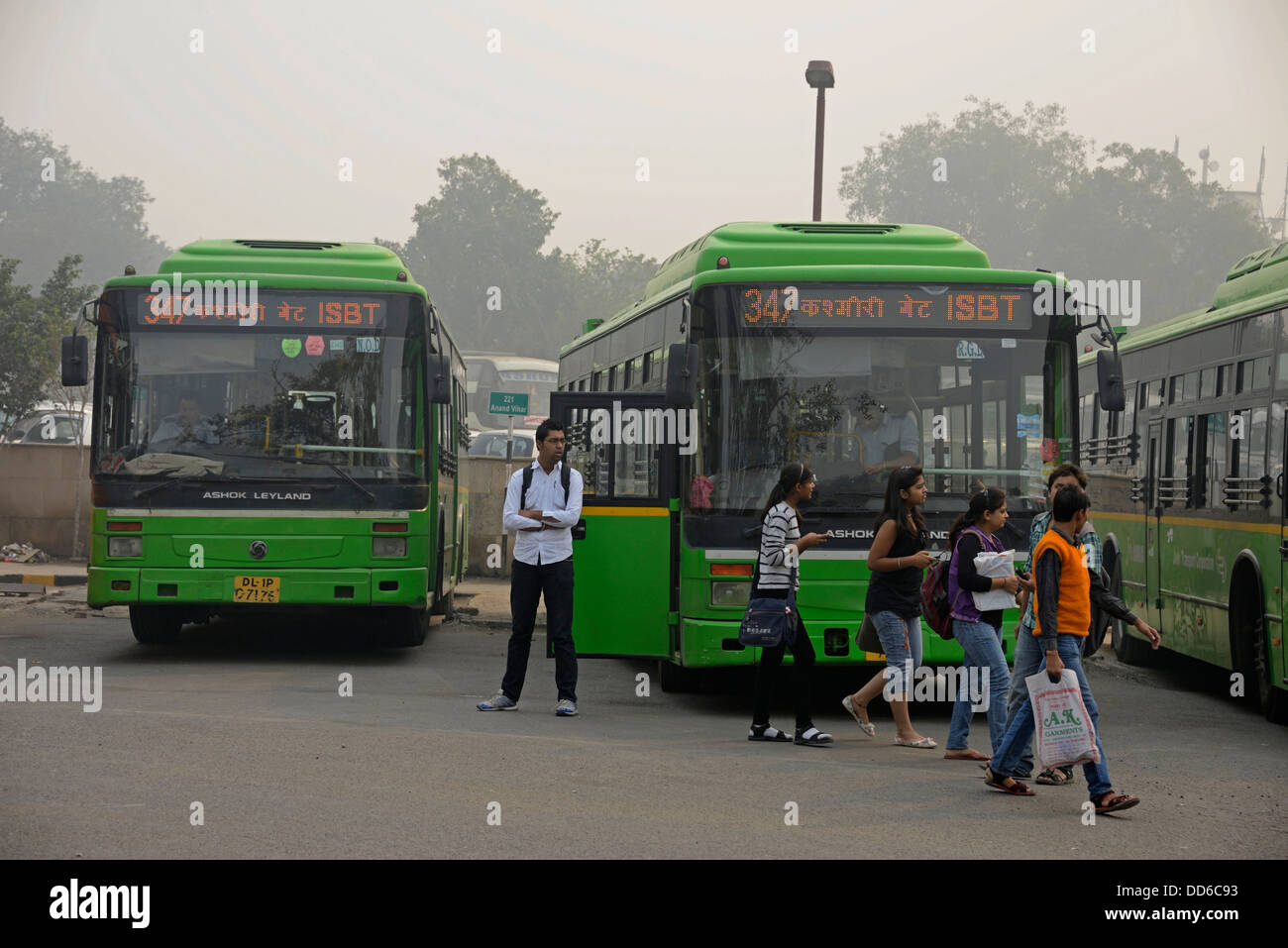 A fleet of Ashok Leyland modern buses belonging to the Delhi Transportation Corporation in Delhi, India Stock Photo