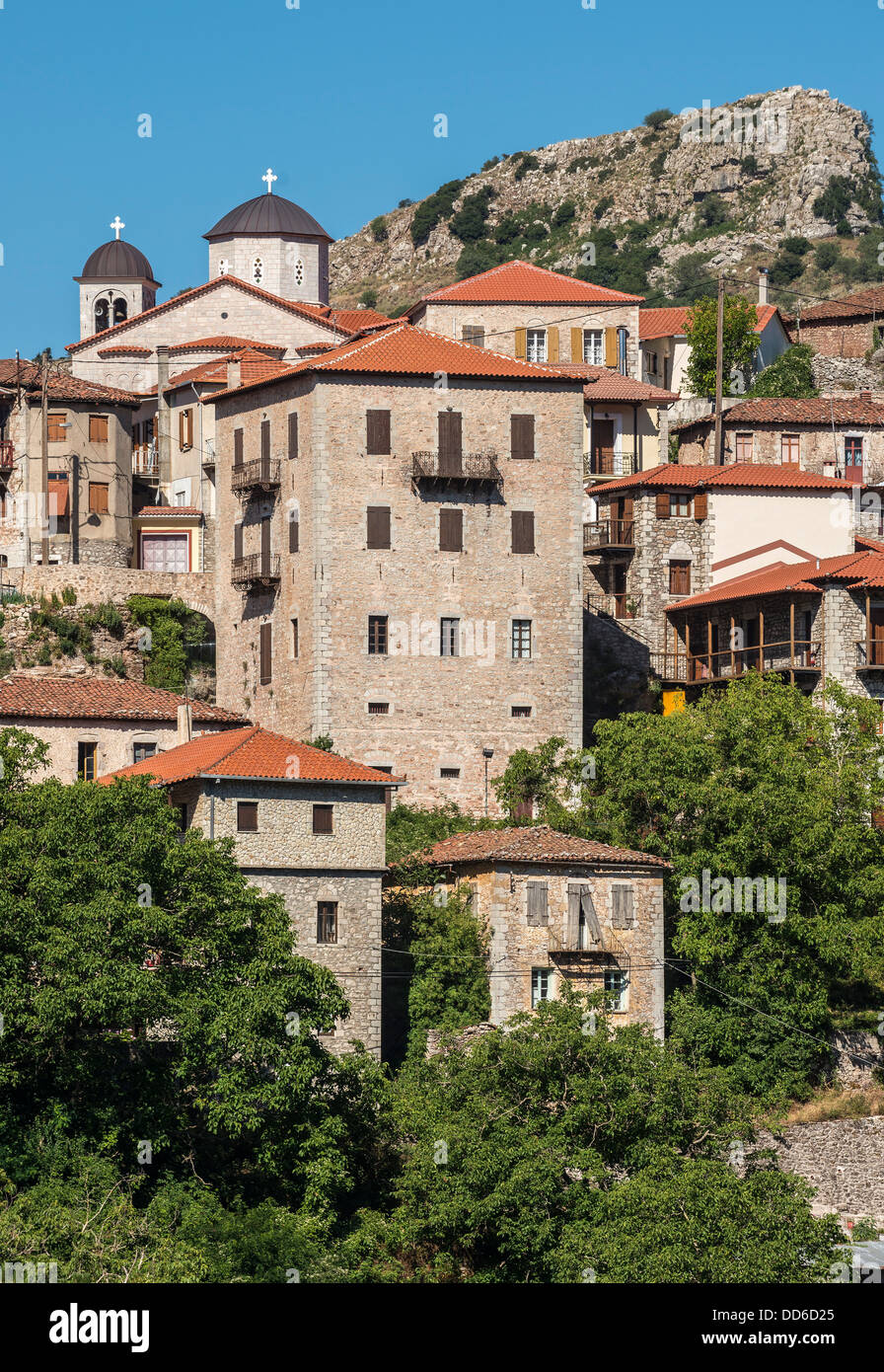 The village of Dimitsana on the edge of the Lousios gorge, Arcadia, central Peloponnese, Greece. Stock Photo