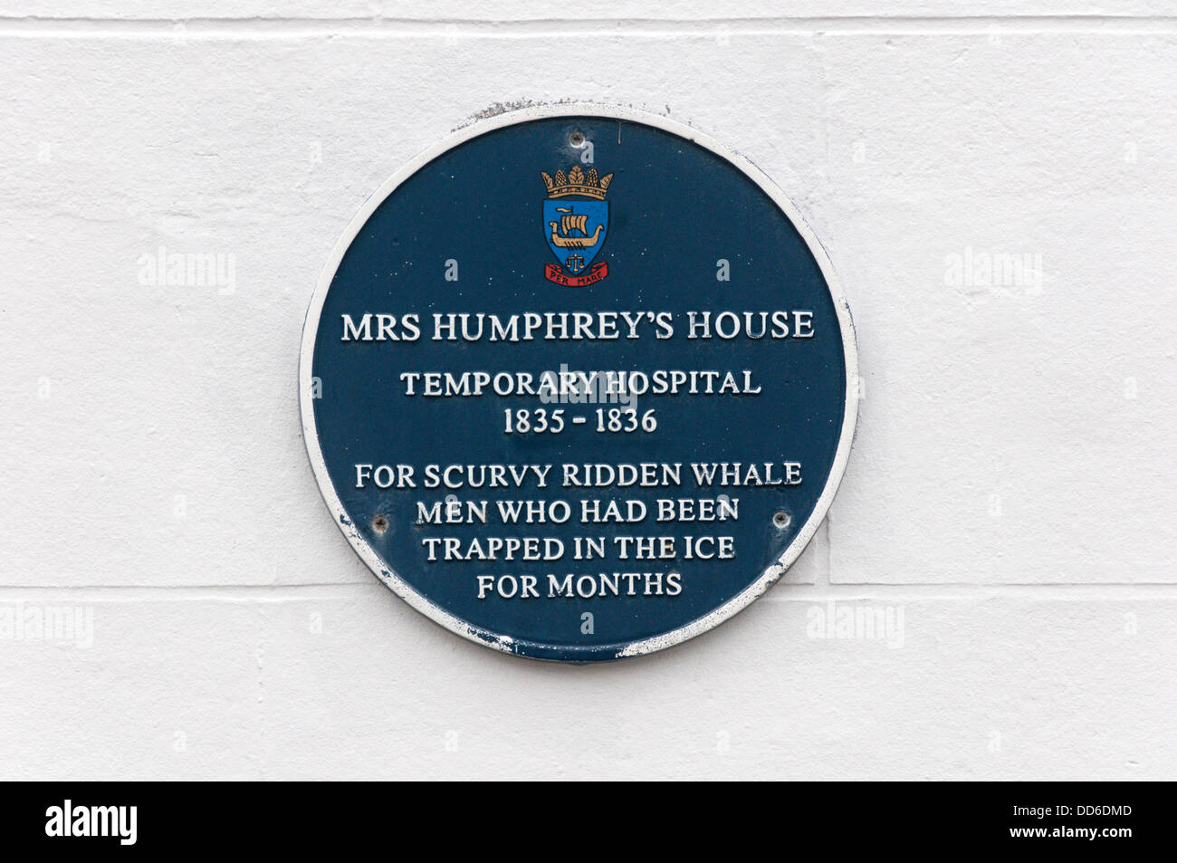 A plaque in Stromness, commemorates Mrs Humphrey's House, a C19th temporary hospital for whale men suffering from scurvy. Stock Photo