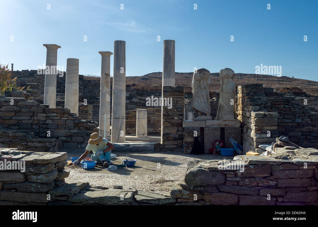 Delos Inscription Column Greece, Delos, archaeological site, the columns of the Dionysus House ...