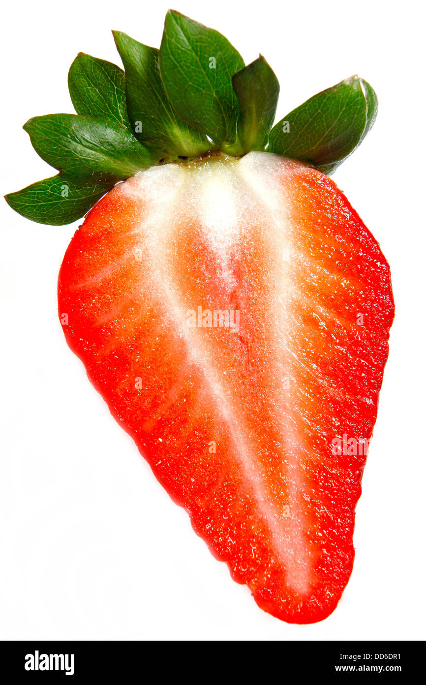 A fresh and bright red strawberry macro shot on a white background ...