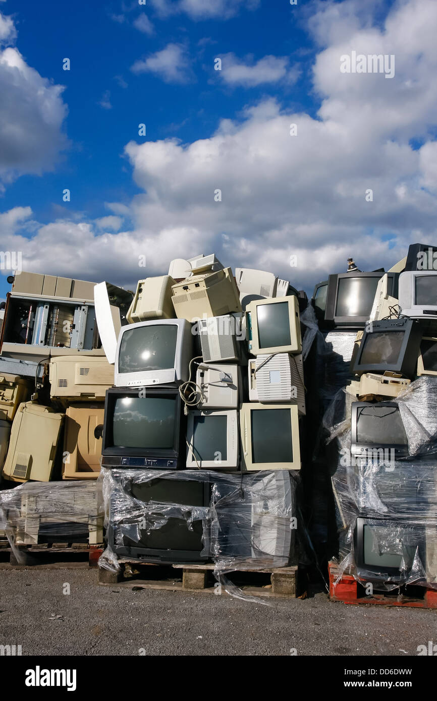 Junked crts computer monitors, tvs and old printers for recycling or