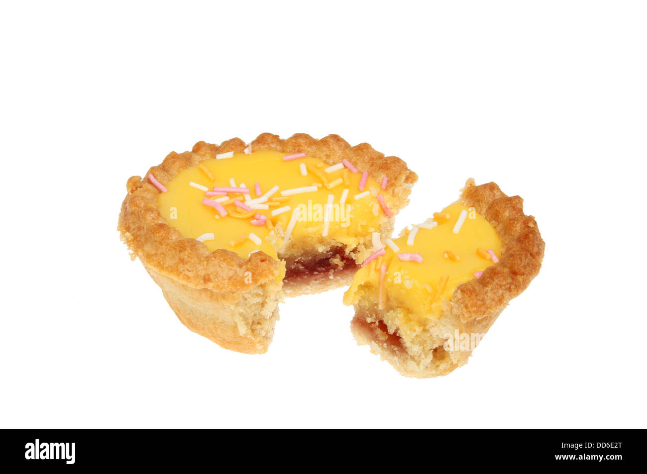 Trifle tart with a slice cut out to illustrate a pie chart isolated against white Stock Photo