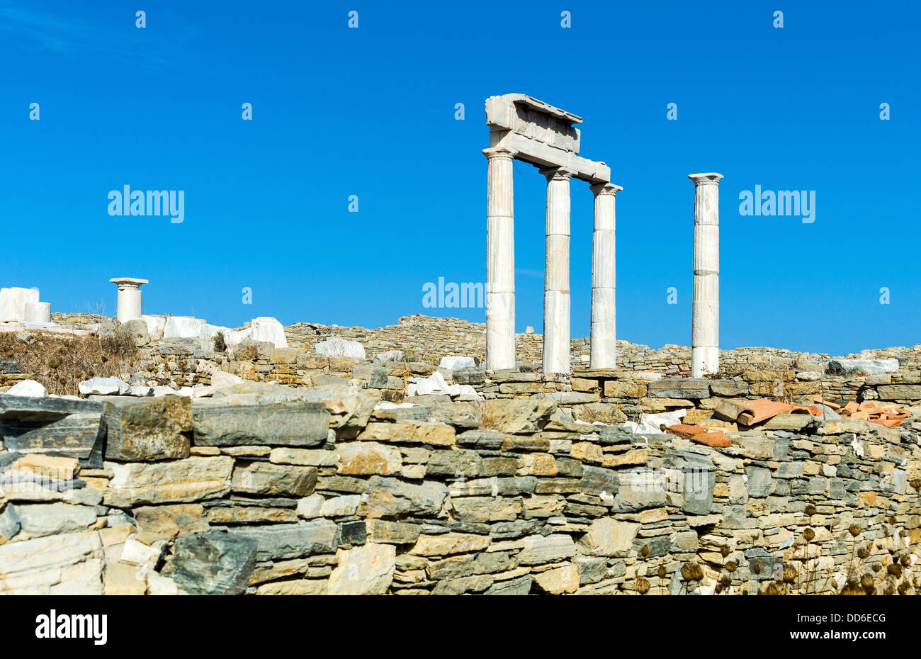 Greece, Delos, archaeological site, the Temple of Apollo ruins Stock Photo